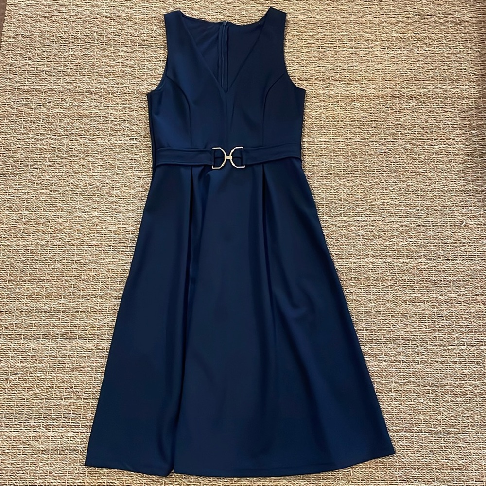 V neck navy sleeveless- fit & flare dress with nautical gold buckle